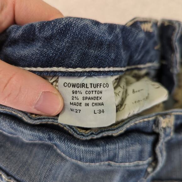 Cowgirl Tuff Bootcut Jeans 27 Tried True Bling Studs White Stitch Tall Stretch - Picture 9 of 9